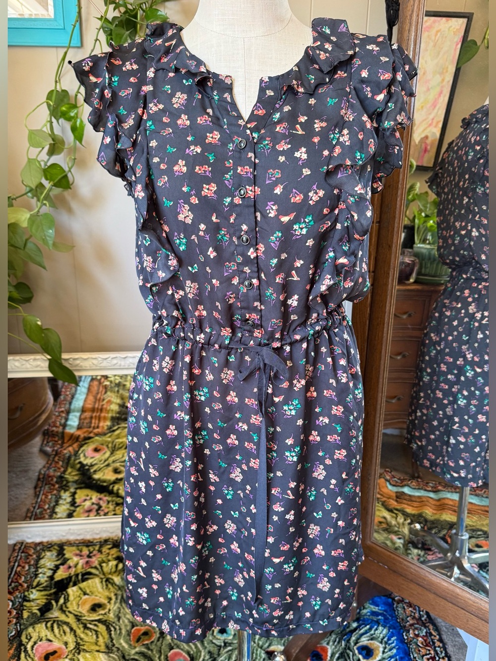 I Love Ronson Women’s Floral Ruffle Sleeves Dress Size Large Button Up Tie Waist